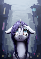 Size: 837x1200 | Tagged: safe, artist:28gooddays, rarity, g4, rarity takes manehattan, building, female, floppy ears, looking up, makeup, running makeup, solo, wet, wet mane, wet mane rarity