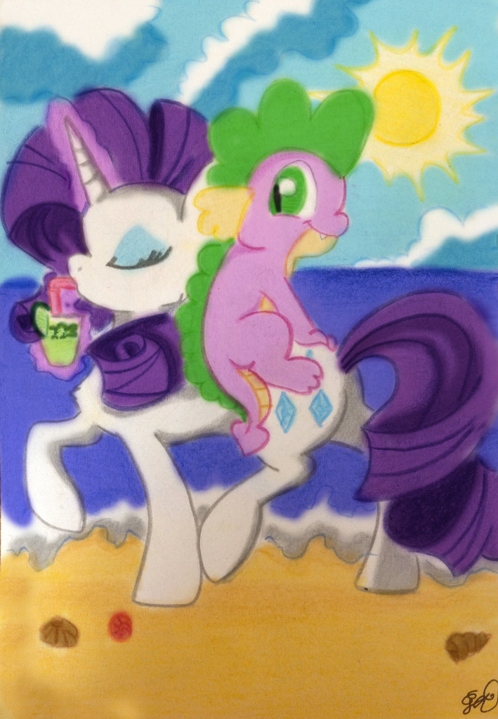 1210212 Safe Artist Thorinstrawberry Rarity Spike G4 Beach Drink Female Male Ship