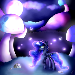 Size: 5000x5000 | Tagged: safe, artist:norica-official, princess luna, alicorn, butterfly, insect, pony, g4, absurd resolution, ethereal mane, female, giant mushroom, glowing mushroom, mare, mushroom, raised hoof, solo