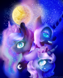 Size: 1150x1417 | Tagged: safe, artist:glittypie, nightmare moon, princess luna, g4, crying, floppy ears, grin, lunar trinity, mare in the moon, moon, s1 luna, smiling