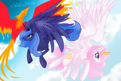 Size: 4000x2664 | Tagged: safe, artist:yuureiburu, philomena, princess celestia, princess luna, phoenix, pony, g4, cewestia, cute, filly, pink-mane celestia, s1 luna, trio