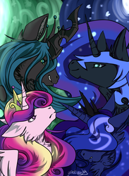 Size: 2424x3317 | Tagged: safe, artist:yuureiburu, nightmare moon, princess cadance, princess luna, queen chrysalis, alicorn, changeling, changeling queen, pony, g4, female, high res, mare, trio