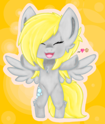 Size: 512x600 | Tagged: safe, artist:azorukon, derpy hooves, pony, g4, bipedal, chest fluff, ear fluff, eyes closed, female, heart, incoming hug, open mouth, solo, spread wings