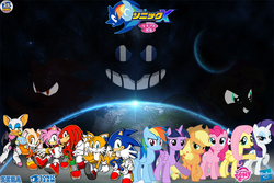 Size: 900x600 | Tagged: safe, artist:trungtranhaitrung, applejack, fluttershy, pinkie pie, rainbow dash, rarity, sunset shimmer, twilight sparkle, alicorn, pony, g4, amy rose, anniversary, cream the rabbit, crossover, doctor eggman, hasbro, knuckles the echidna, logo, male, mane six, miles "tails" prower, rouge the bat, sega, shadow the hedgehog, sonic team, sonic the hedgehog, sonic the hedgehog (series), space, twilight sparkle (alicorn)