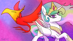 Size: 1800x1012 | Tagged: safe, artist:tomazii7, philomena, princess celestia, phoenix, g4, frown