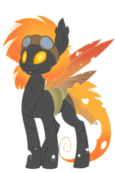 Size: 640x960 | Tagged: safe, artist:divergentassailant, artist:ponyponyena, oc, oc only, oc:fallenleaf, changeling, 2018 community collab, derpibooru community collaboration, fangs, goggles, orange changeling, scar, simple background, solo, transparent background