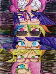 Size: 1609x2130 | Tagged: safe, artist:puppyluver, applejack, fluttershy, pinkie pie, rainbow dash, rarity, twilight sparkle, human, g4, crossover, glasses, humanized, mane six, persona, persona 4, persona eyes, traditional art