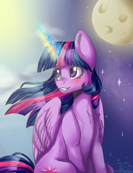 Size: 1000x1300 | Tagged: safe, artist:tendergamer, twilight sparkle, alicorn, pony, g4, blushing, female, grin, magic, moon, sitting, smiling, solo, twilight sparkle (alicorn), windswept mane