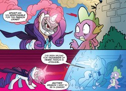 Size: 1074x782 | Tagged: safe, artist:tony fleecs, idw, official comic, princess luna, rarity, spike, alicorn, dragon, pony, unicorn, g4, ponies of dark water, spoiler:comic, spoiler:comic44, angry, cape, clothes, comic, cropped, doctor doomity, female, force field, furious, horn, magic beam, male, mare, mask, protecting, smoke, smoking horn, speech bubble