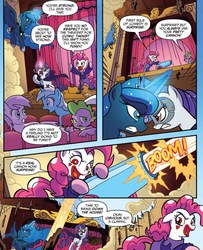Size: 938x1156 | Tagged: safe, artist:tonyfleecs, idw, official comic, pinkie pie, princess luna, rarity, spike, alicorn, dragon, earth pony, pony, unicorn, g4, ponies of dark water, spoiler:comic, spoiler:comic44, cannon, cape, cloak, clothes, comic, doctor doomity, ethereal mane, female, hood, male, mare, pinkie joker, speech bubble, starry mane, theater