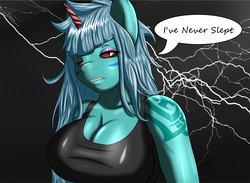 Size: 3000x2200 | Tagged: safe, artist:sixpathsoffriendship, oc, oc only, oc:safesleep, anthro, anthro oc, big breasts, breasts, cleavage, clothes, female, high res, insomnia, solo, speech bubble, tank top