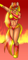 Size: 800x1717 | Tagged: safe, artist:jengaleia, oc, oc only, oc:blaze firestorm, anthro, anthro oc, armpits, belly button, boots, breasts, cleavage, clothes, dab, female, fire, mask, midriff, solo, sports bra, tattoo, wrestler, wrestling