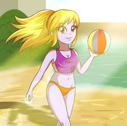 Size: 3507x3472 | Tagged: safe, artist:sumin6301, cloud kicker, equestria girls, g4, beach, beach ball, belly button, bikini, breasts, cleavage, clothes, crepuscular rays, female, high res, sexy, solo, swimsuit