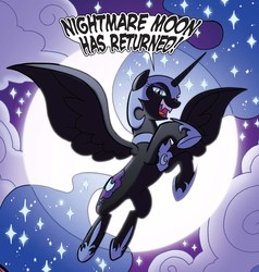 Size: 1221x1283 | Tagged: safe, artist:tony fleecs, idw, official comic, nightmare moon, alicorn, pony, g4, ponies of dark water, spoiler:comic, spoiler:comic44, cropped, equestria is doomed, ethereal mane, female, flying, full moon, helmet, hoof shoes, mare, moon, peytral, solo, speech bubble, spread wings, starry mane, wings, xk-class end-of-the-world scenario