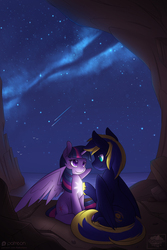 Size: 720x1080 | Tagged: safe, artist:skyheavens, twilight sparkle, oc, oc:zephyr, alicorn, pony, g4, canon x oc, cave, duo, female, looking at each other, male, night, shipping, shooting star, smiling, spread wings, stars, straight, twilight sparkle (alicorn), twiphyr, water