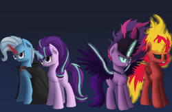 Size: 2041x1332 | Tagged: safe, artist:vanillaghosties, sci-twi, starlight glimmer, sunset shimmer, trixie, twilight sparkle, pony, unicorn, equestria girls, g4, alicorn amulet, equestria girls ponified, midnight sparkle, midnightsatan, ponified, redraw, sunset satan, twilight's counterparts