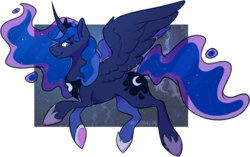 Size: 1168x734 | Tagged: safe, artist:freckledbastard, princess luna, alicorn, pony, g4, abstract background, female, flying, mare, no pupils, profile, solo, space