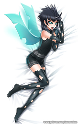Size: 700x1106 | Tagged: safe, artist:racoonsan, thorax, changeling, human, g4, the times they are a changeling, ambiguous gender, androgynous, body pillow, body pillow design, clothes, evening gloves, feet, femboy, gloves, horn, horned humanization, humanized, lying down, on side, shirt, shorts, solo, stockings, stupid sexy thorax, t-shirt, torn clothes, winged humanization