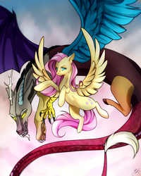 Size: 2000x2500 | Tagged: safe, artist:juliagoldfox, discord, fluttershy, g4, flying, grin, high res, smiling, unamused