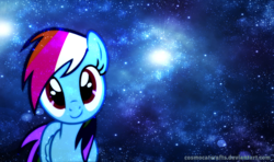 Size: 2700x1600 | Tagged: safe, artist:cosmocatcrafts, rainbow dash, g4, galaxy, looking at you, signature, space, vector, wallpaper