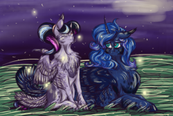 Size: 1200x800 | Tagged: safe, artist:notaguitarfret, oc, oc only, oc:sirius, firefly (insect), fluffy, magical lesbian spawn, mother and son, night, offspring, parent:princess luna, parent:twilight sparkle, parents:twiluna, prone, sitting, unshorn fetlocks