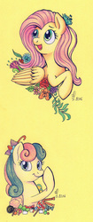 Size: 837x2000 | Tagged: safe, artist:divlight, bon bon, fluttershy, sweetie drops, g4, candy, flower, flower in hair, food, traditional art