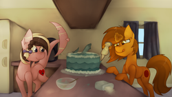 Size: 4000x2250 | Tagged: safe, artist:marsminer, oc, oc only, oc:ashee, oc:venus spring, original species, shark pony, cake, cooking, food, smiling, venus spring actually having a pretty good time