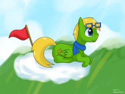 Size: 1032x774 | Tagged: safe, artist:vanillafox2035, oc, oc only, oc:raptor claw, pegasus, pony, clothes, cloud, flag, glasses, hooves, lying on a cloud, male, on a cloud, prone, scarf, solo, stallion, wings
