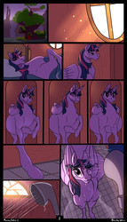 Size: 1839x3218 | Tagged: safe, artist:patch, twilight sparkle, alicorn, pony, comic:morning routine 2, g4, bed, belly, comic, doorway, explicit source, female, golden oaks library, morning ponies, preglight sparkle, pregnant, shower, solo, stuck, sunlight, twilight sparkle (alicorn)