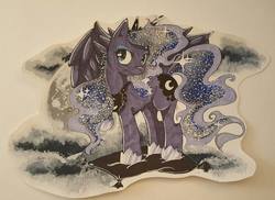 Size: 960x697 | Tagged: safe, artist:spirit-woods, princess luna, alicorn, pony, g4, female, looking at you, mare, marker drawing, raised hoof, solo, spread wings, traditional art, turned head