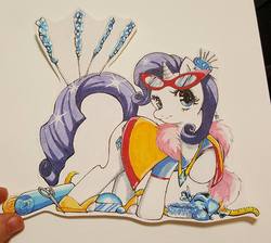 Size: 960x862 | Tagged: safe, artist:spirit-woods, rarity, pony, unicorn, g4, clothes, fabric, female, glasses, jewelry, mare, marker drawing, necklace, rock candy, scissors, simple background, solo, traditional art, white background