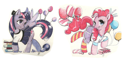 Size: 2648x1224 | Tagged: safe, artist:spirit-woods, pinkie pie, twilight sparkle, alicorn, earth pony, pony, g4, adorkable, balloon, book, candy, clothes, cotton candy, cute, dork, duo, female, food, hair bow, mare, marker drawing, pantyhose, pleated skirt, school uniform, shirt, skirt, socks, striped pantyhose, striped socks, traditional art, twilight sparkle (alicorn)