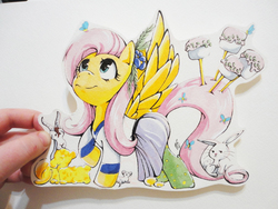 Size: 4320x3240 | Tagged: safe, artist:spirit-woods, angel bunny, fluttershy, butterfly, goat, mouse, pegasus, pony, rabbit, g4, candy, clothes, cute, female, food, gummy bears, mare, marker drawing, pantyhose, shirt, skirt, socks, spread wings, traditional art