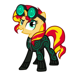 Size: 1152x1152 | Tagged: safe, artist:motownwarrior01, sunset shimmer, oc, oc:mez-mare-a, pony, unicorn, g4, antagonist, crossover, goggles, simple background, solo, supervillain, transparent background, villainess