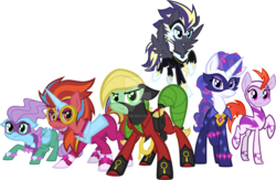Size: 1600x1042 | Tagged: safe, artist:agentkirin, fili-second, mistress marevelous, radiance, saddle rager, zapp, oc, oc:azure glory, oc:buttercup, oc:clever comet, oc:feather fluff, oc:galaxy star, oc:sky song, masked matter-horn costume, power ponies, simple background, transparent background