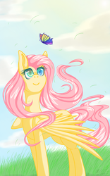 Size: 800x1280 | Tagged: safe, artist:miiv12, fluttershy, butterfly, g4, female, heterochromia, looking at something, looking up, solo, spread wings, standing, windswept hair, windswept mane
