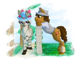 Size: 2000x1593 | Tagged: safe, artist:chickenwhite, oc, oc only, zebra, clothes, duo, flower, hat