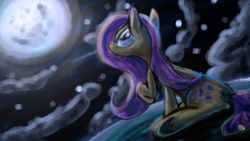 Size: 1366x768 | Tagged: safe, artist:ranhkinh, fluttershy, g4, female, full moon, looking up, moon, night, perspective, raised hoof, sitting, solo, starry night