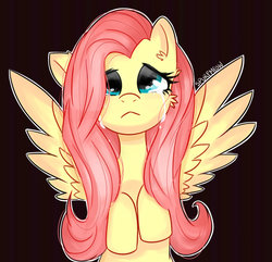 Size: 1024x989 | Tagged: safe, artist:spurfmeow, fluttershy, pegasus, pony, g4, :<, black background, bust, crying, female, hooves to the chest, looking up, portrait, simple background, solo, spread wings, teary eyes