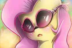 Size: 1024x693 | Tagged: safe, artist:edie-tedie, fluttershy, g4, deal with it, female, open mouth, portrait, solo, sunglasses