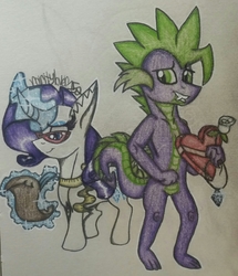 Size: 2050x2380 | Tagged: safe, artist:raritylover152, rarity, spike, dragon, pony, unicorn, g4, chest fluff, duo, ear fluff, female, heart, high res, magic, male, older, older spike, ship:sparity, shipping, sternocleidomastoid, straight, traditional art