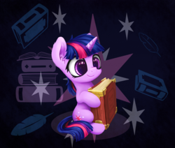 Size: 1615x1367 | Tagged: safe, artist:inowiseei, twilight sparkle, g4, book, cute, cutie mark background, cutie mark eyes, ear fluff, feather, female, filly, filly twilight sparkle, quill, sitting, solo, starry eyes, twiabetes, wingding eyes, younger