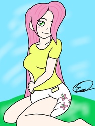 Size: 768x1024 | Tagged: safe, artist:dltex, fluttershy, human, g4, cute, cutie mark diapers, diaper, diapershy, female, humanized, non-baby in diaper, solo