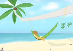 Size: 3507x2480 | Tagged: safe, artist:moonlight-pen, applejack, g4, beach, female, hammock, high res, on back, palm tree, relaxing, solo, tree
