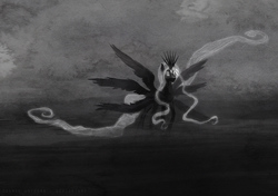 Size: 1000x704 | Tagged: safe, artist:cosmicunicorn, oc, oc only, alicorn, pony, seraph, seraphicorn, alicorn oc, black and white, crown, grayscale, jewelry, monochrome, multiple eyes, multiple wings, regalia, solo