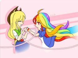 Size: 720x539 | Tagged: safe, artist:miaowujiang, applejack, rainbow dash, equestria girls, g4, female, heart, lesbian, ship:appledash, shipping