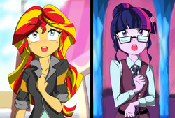 Size: 1024x694 | Tagged: safe, artist:trainbang, sci-twi, sunset shimmer, twilight sparkle, equestria girls, g4, my little pony equestria girls: friendship games, clothes, crystal prep academy uniform, homesick shimmer, looking up, open mouth, scene interpretation, school uniform, what more is out there