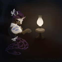 Size: 700x699 | Tagged: safe, artist:cosmicunicorn, rarity, g4, braided tail, clothes, female, flower, flower in hair, horn, horn jewelry, jewelry, lamp, looking at you, socks, solo