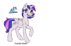 Size: 1280x828 | Tagged: safe, artist:silfoe, oc, oc only, oc:eventide glisten, alicorn, pony, other royal book, alicorn oc, colored sketch, female, magical lesbian spawn, mare, offspring, parent:princess luna, parent:twilight sparkle, parents:twiluna, raised hoof, simple background, solo, text, white background