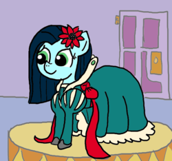 Size: 640x600 | Tagged: safe, artist:ficficponyfic, color edit, edit, oc, oc only, oc:emerald jewel, colt quest, bow, clothes, color, colored, colt, crossdressing, cute, cyoa, door, drag queen, dress, femboy, flower, flower in hair, male, ribbon, shoes, solo, trap